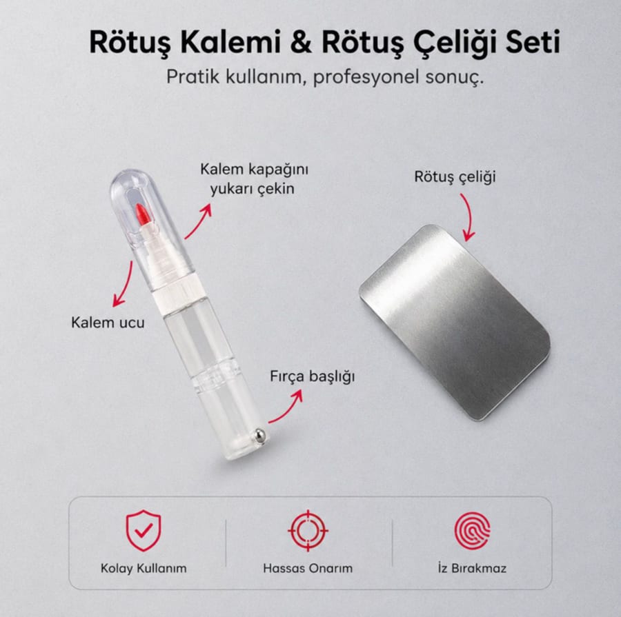 Rötuş kalemi ve rötuş çeliği seti: kalem ucu, fırça başlığı ve rötuş çeliği tanıtımı